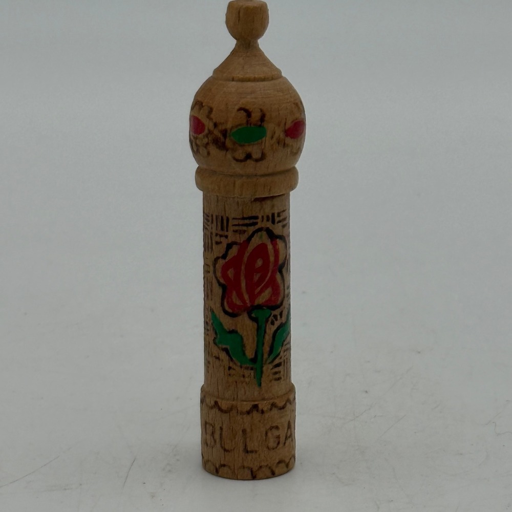Vintage Bulgarian Rose Oil Perfume Vial Hand Painted Carved Wood Case Souvenir
